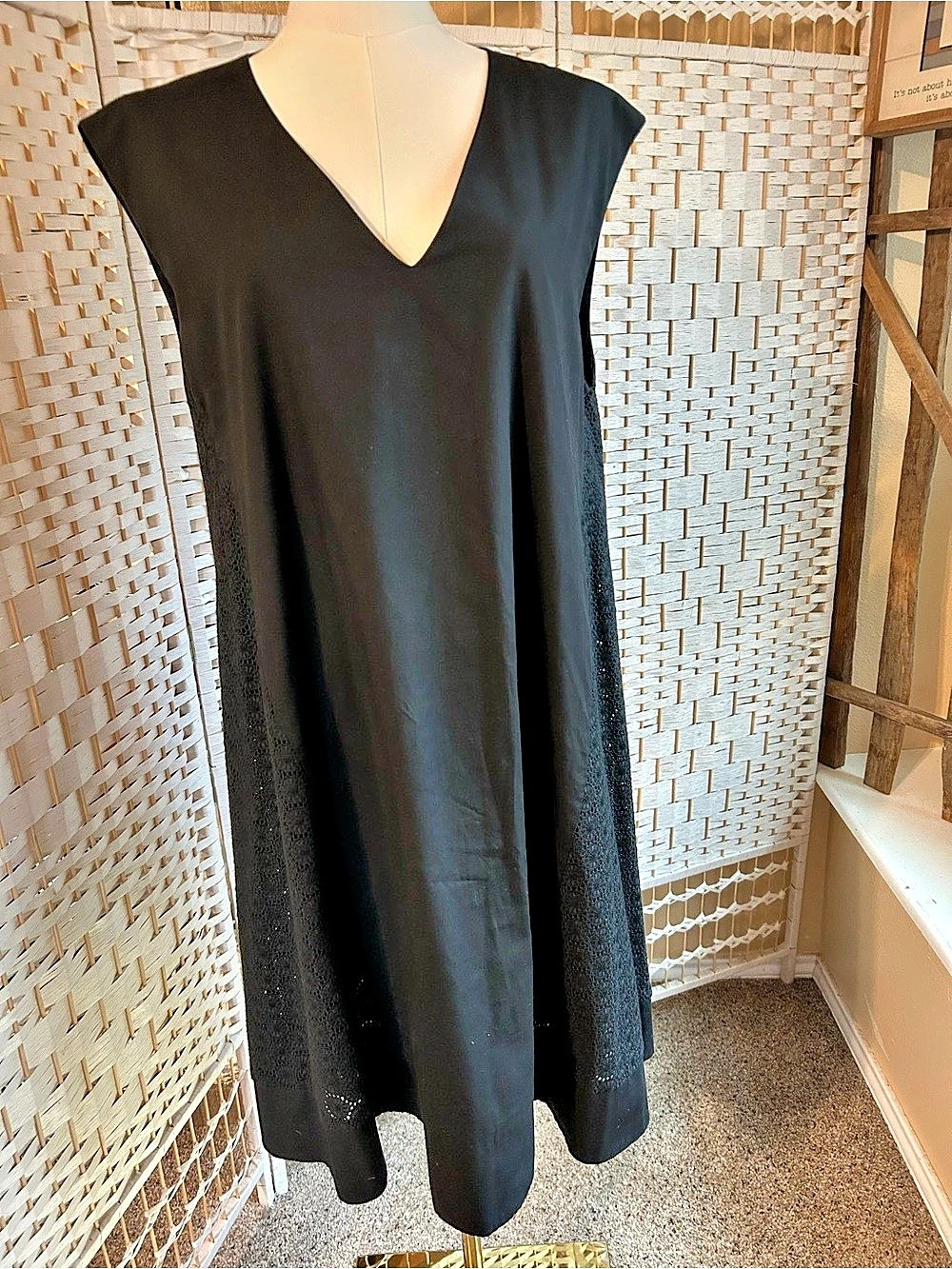 Vintage ETIENNE AIGNER Black Cotton Dress Size 10 Lace Paneling Skeeveless Italy